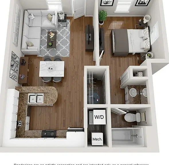 A photo of our 1x1 floor plan, The Royal.