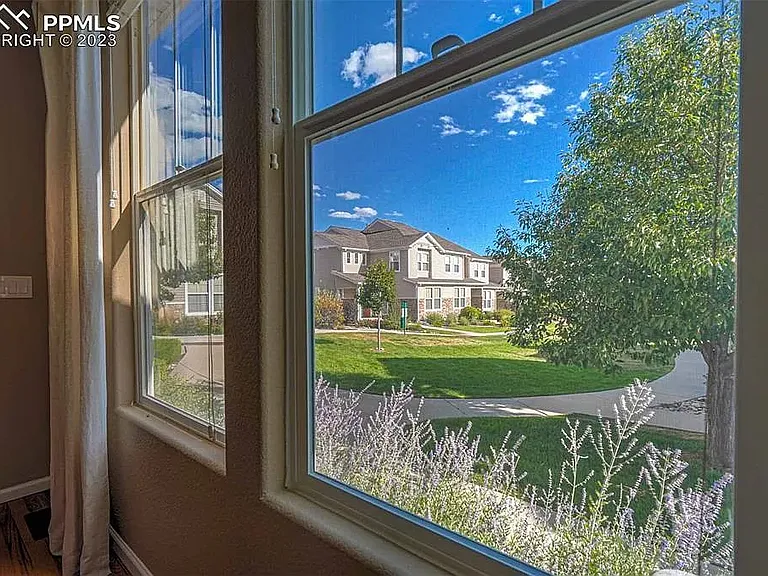 Large living room window overlooking the open lawn.