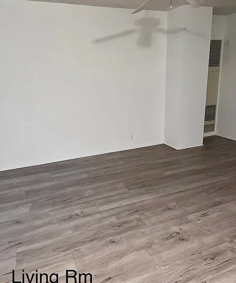 Spacious living room with plank flooring and newer wall heater
