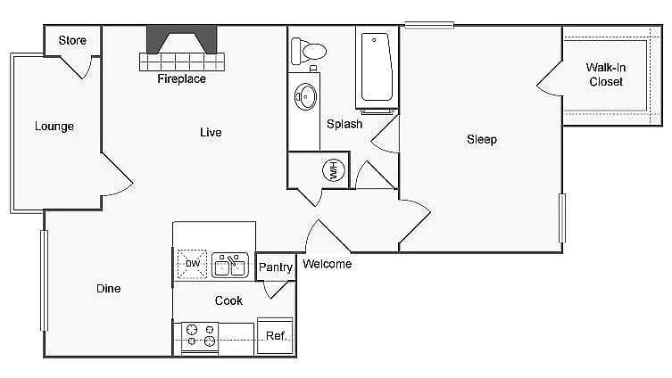 Floor plan 1 BR x 1 BA with W/D - B