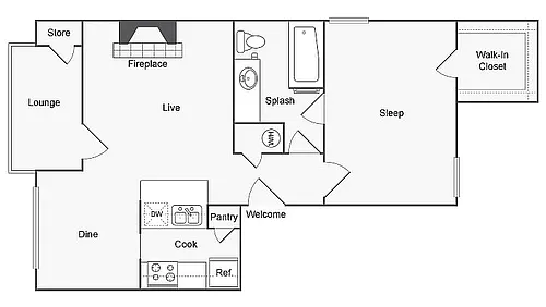 Floor plan 1 BR x 1 BA with W/D - B
