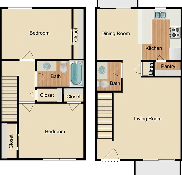 2 Bed 1.5 Bath Townhome Floorplan Diagram