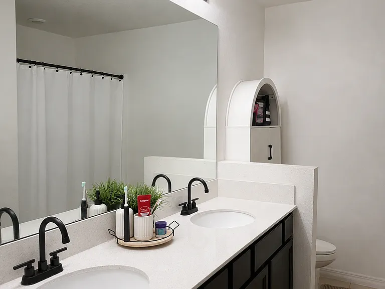 Master bathroom attached to master bedroom with walk-in-closet