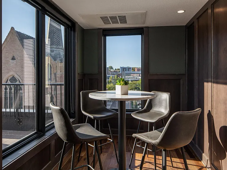 Seating nooks in rooftop lounge in St. Paul, MN.
