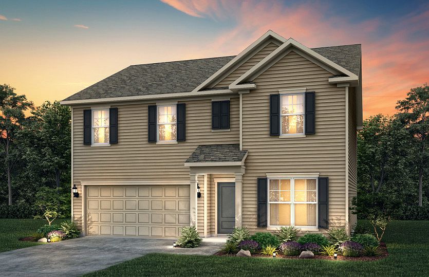Hampton Exterior LC1A features hardie siding, covered front door and 2 car garage