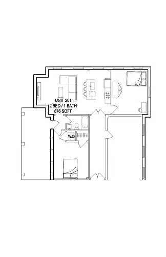 Floor plan 2 Bedroom 1 Bath Deluxe with Balcony