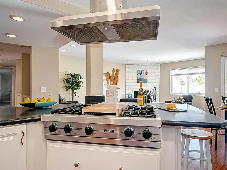View from kitchen to living and dining area