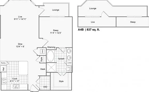 1 BR x 1 BA - F Floorplan 1 BR x 1 BA - F Floorplan