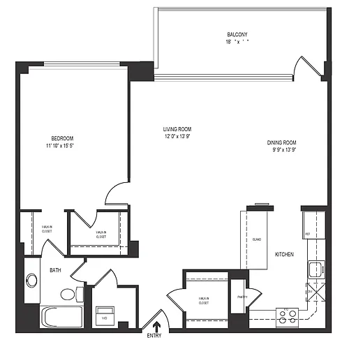Floor plan 1 Bedroom 1 Bath 938 SF 11gr