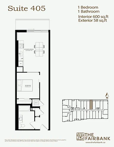 Floor plan 1 Bedroom Unit - Balcony - 405