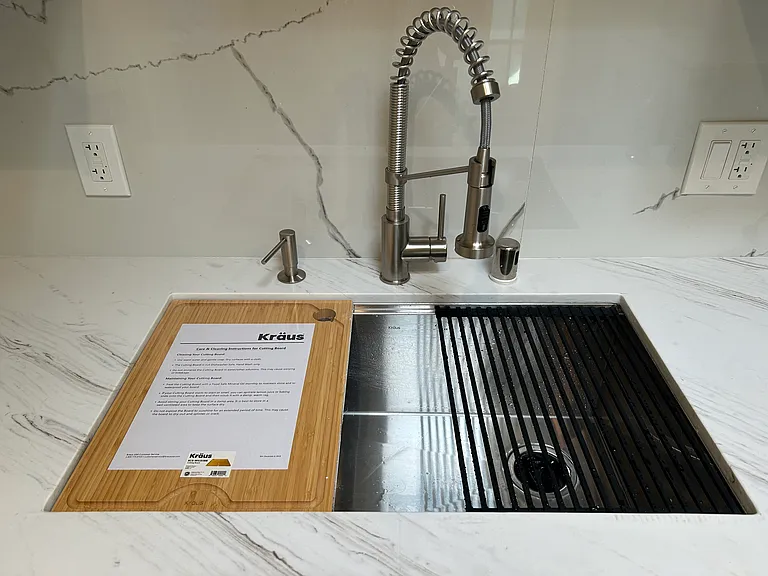 Work station sink, pull-out commercial faucet, and soap dispenser