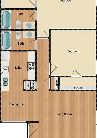 2 Bed 2 Bath Floorplan Diagram