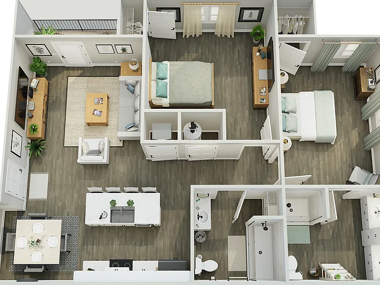 Modern 3D floor plan showcasing 2 bedrooms, an elegant open-concept living and dining area, and a sleek kitchen with an island. Features include two luxurious bathrooms and stylish interior decor. Modern 3D floor plan showcasing 2 bedrooms, an elegant ope