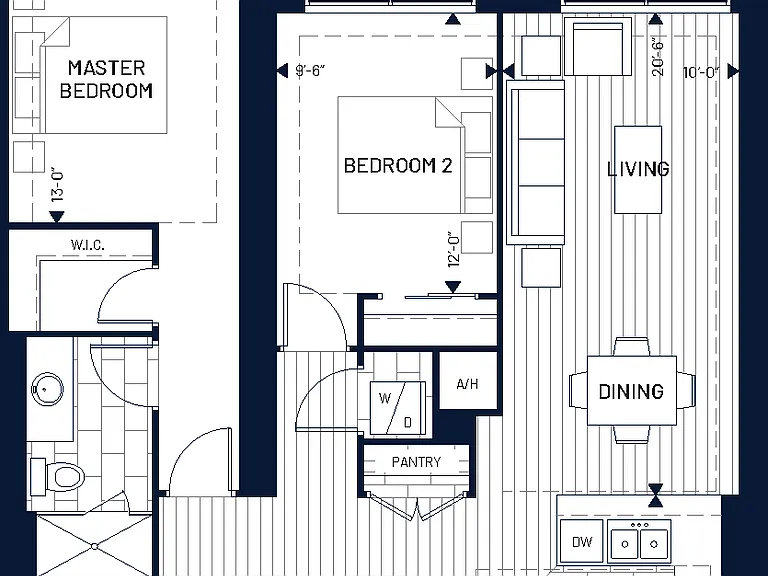 2 Bed + Den
Balcony: 70 sq. ft.
Terrace available in unit 304
Terrace: 1,210 sq. ft.