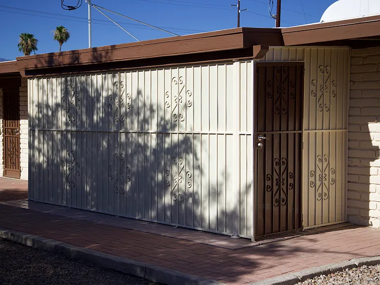 Close-up of punched-metal screened porch