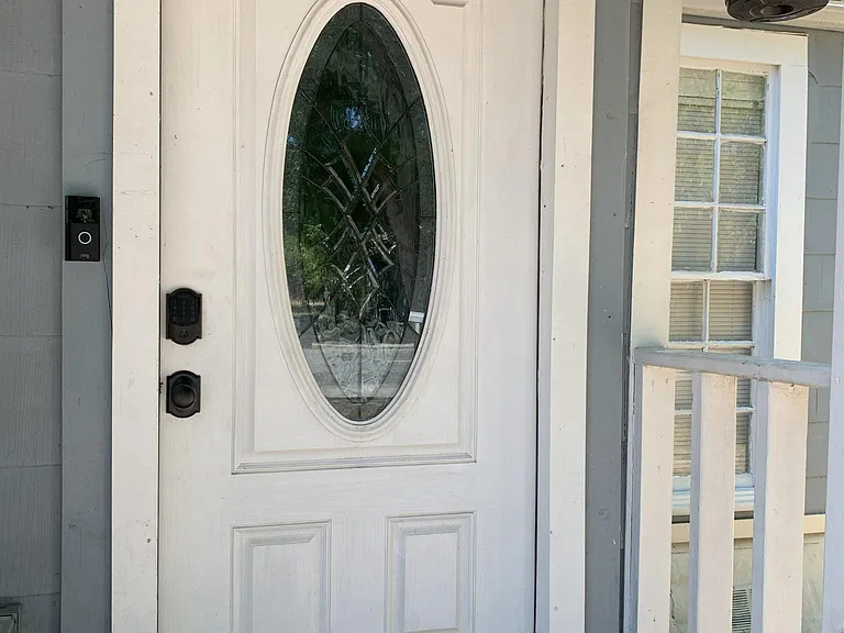 Electronic smart lock with key code access. Video doorbell for you to monitor front porch/yard activity.