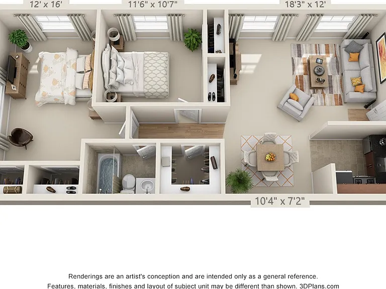 2 BEDROOM, 1 BATH - 950 SF