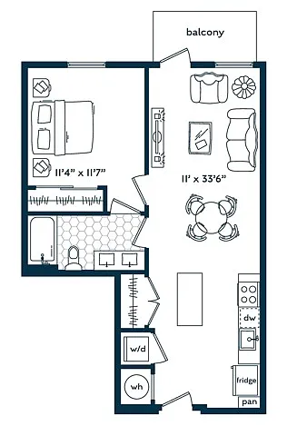 Floor plan One Bedroom One Bath (677 SF)