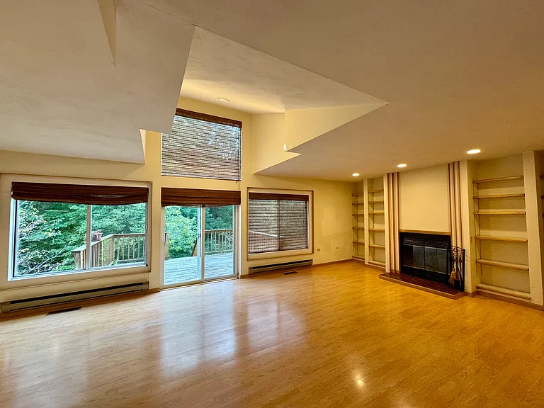 Working fireplace and built in shelves with a back deck