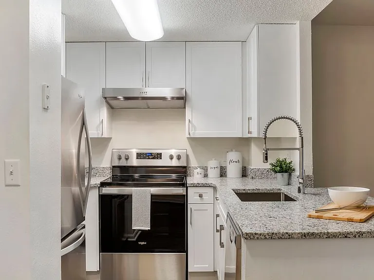 Renovated Package II kitchen with white cabinetry, quartz countertops, stainless steel appliances, and hard surface flooring