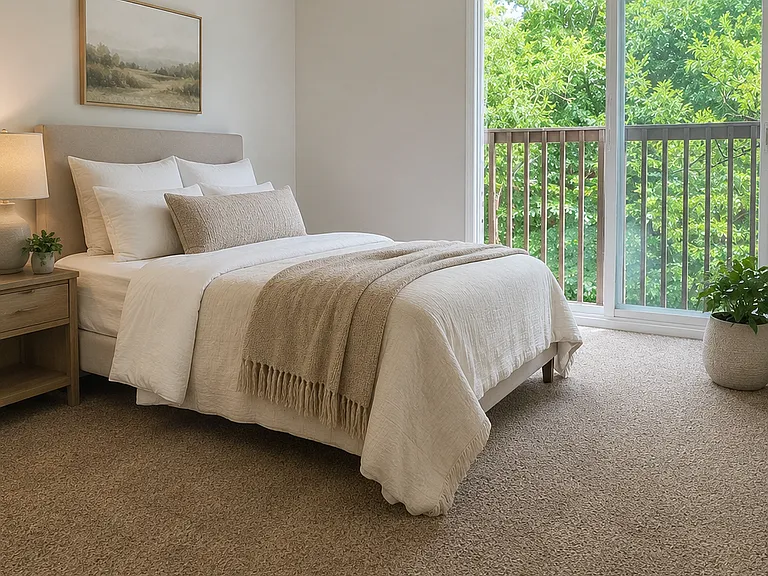 Cozy, minimal primary bedroom with natural light