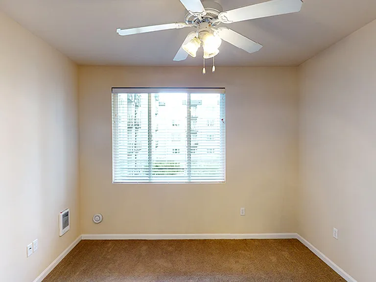 Spacious apartment bedroom with plush carpet flooring.