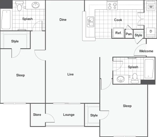 2 Bed 2 Bath B Floorplan Diagram