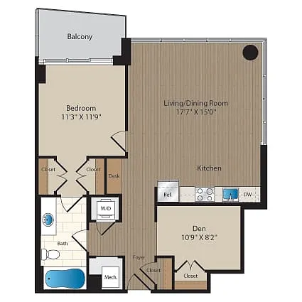 Floor plan 1 Bed-1 Bath Den-B1