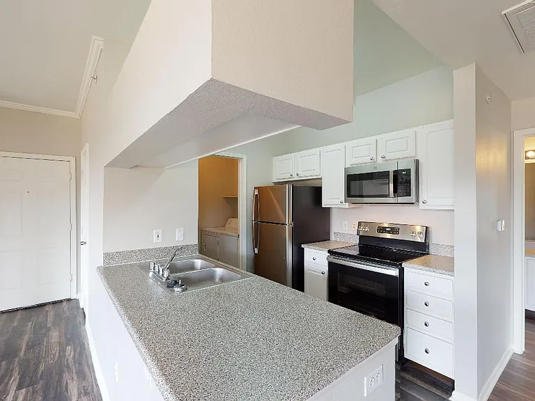Apartment kitchen with stainless steel appliances in select homes and wood-style flooring.