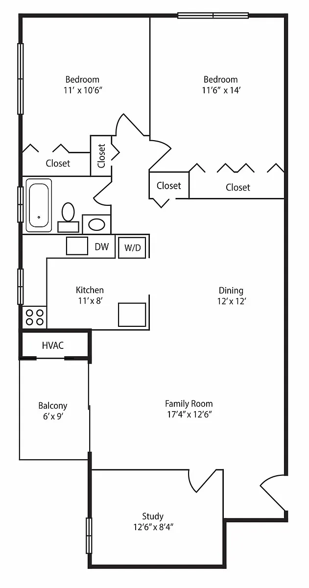 Floor plan 2 Bedroom 1 Bath Den