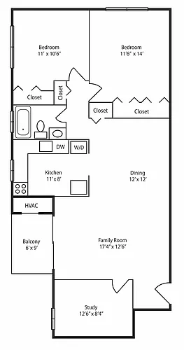 Floor plan 2 Bedroom 1 Bath Den