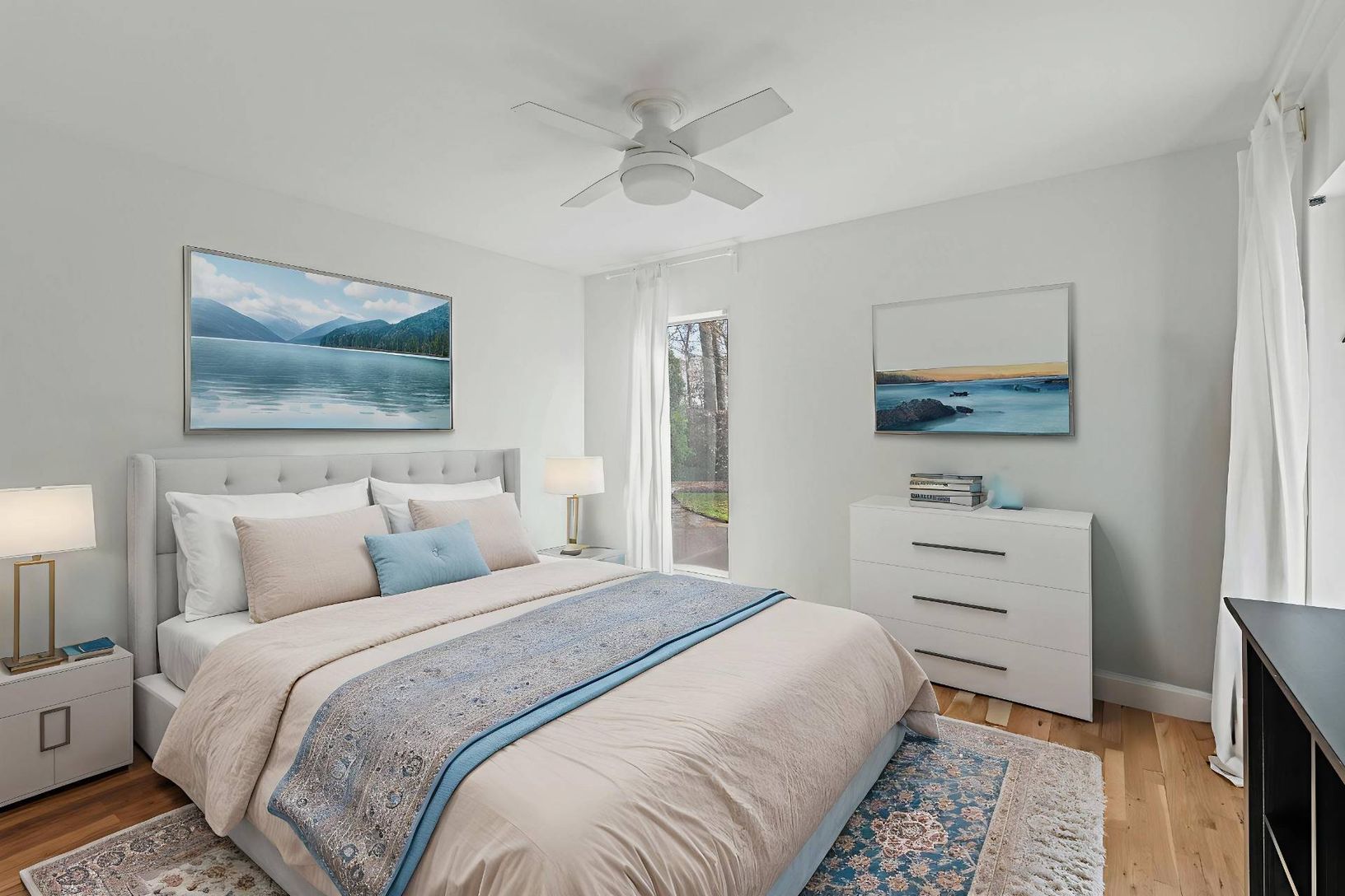 Private Guest Bed 4 of 5 with light with oak floors and ceiling fan