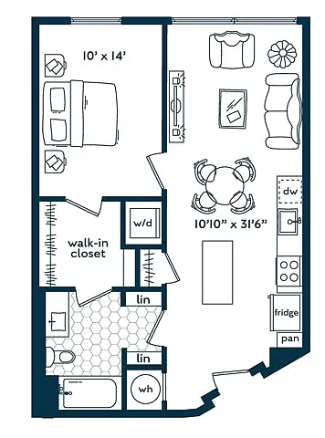 Floor plan One Bedroom One Bath (684 SF)