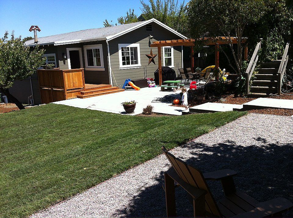 Deck, trellis, landscaping