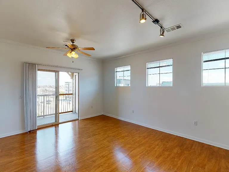Apartment living room with wood-style flooring.