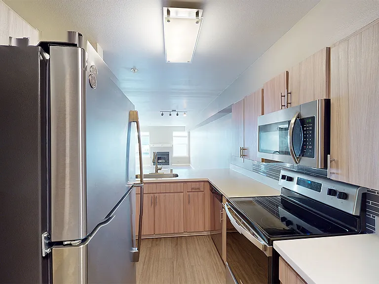 Apartment kitchen with stainless steel appliances, quartz countertops and wood-style flooring.