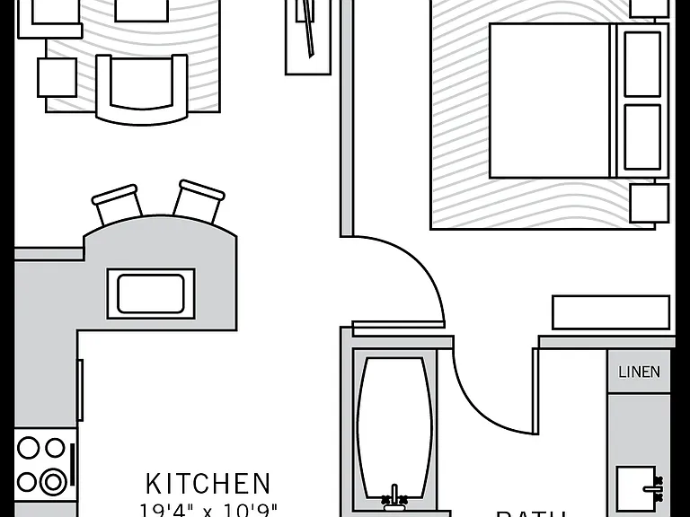 1 bedroom 1 bath apartment with dining area, patio, walk in closet and 720 sq ft