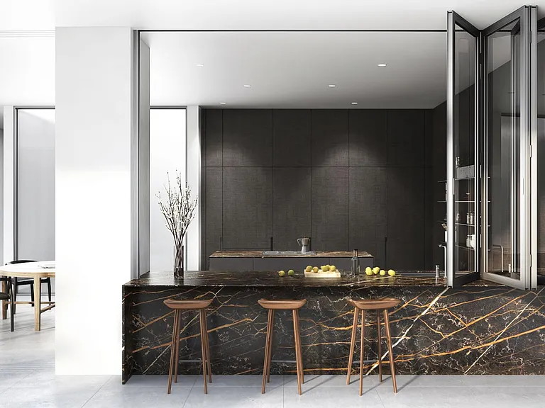 Indoor-outdoor Kitchen with Operable Accordion Windows _ This open-concept has a direct connection to a private terrace, perfect for entertaining guests.