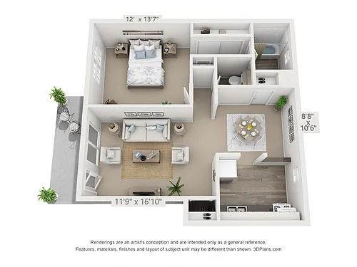 Floor plan 1 Bedroom, 1 1/2 Bath (Garden Patio)