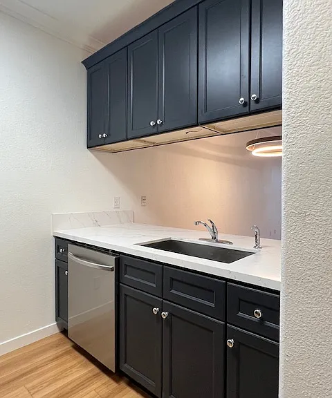 BRAND NEW DISHWASHER and sink with wand and garbage disposal . Recessed lighting navy cabinets and wood look flooring