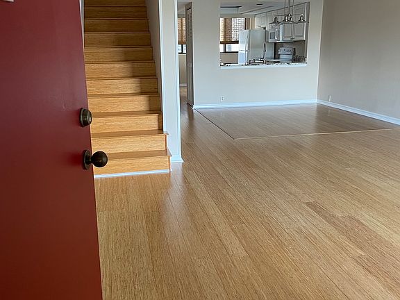 Welcome into your cozy home--freshly painted front door, new door bell so you don't miss a delivery or friend stopping by--Front entrance to the unit--this is a townhouse layout with bamboo flooring throughout. Front entrance flows into the living room.
