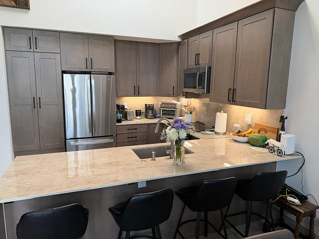 Kitchen and countertop seating area.