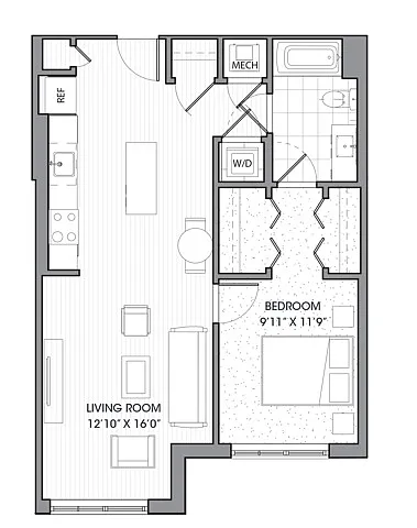 Floor plan One Bedroom One Bath (756 SF)
