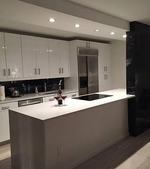 Hi-end kitchen with induction stove and marble accents