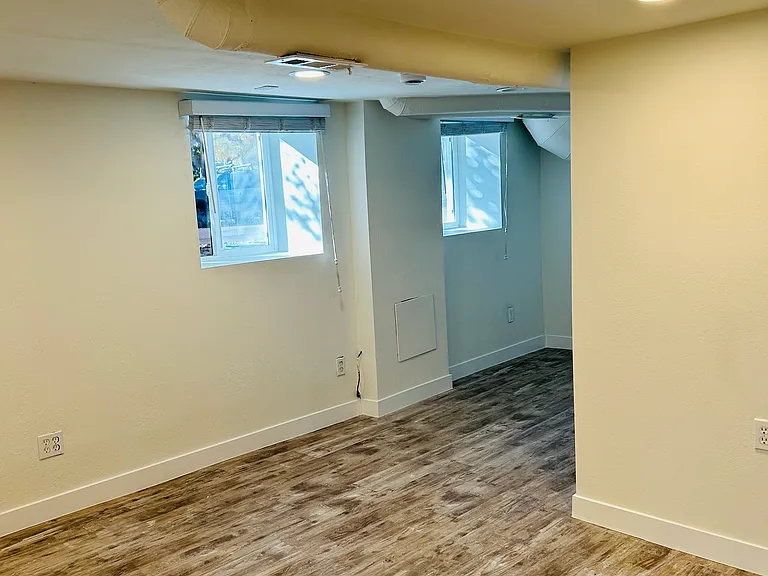 Basement bedroom with bathroom and 3 windows