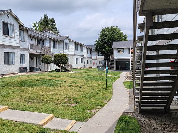 Walkways between buildings at Grand Oaks Apartments in Lake Elsinore, California.