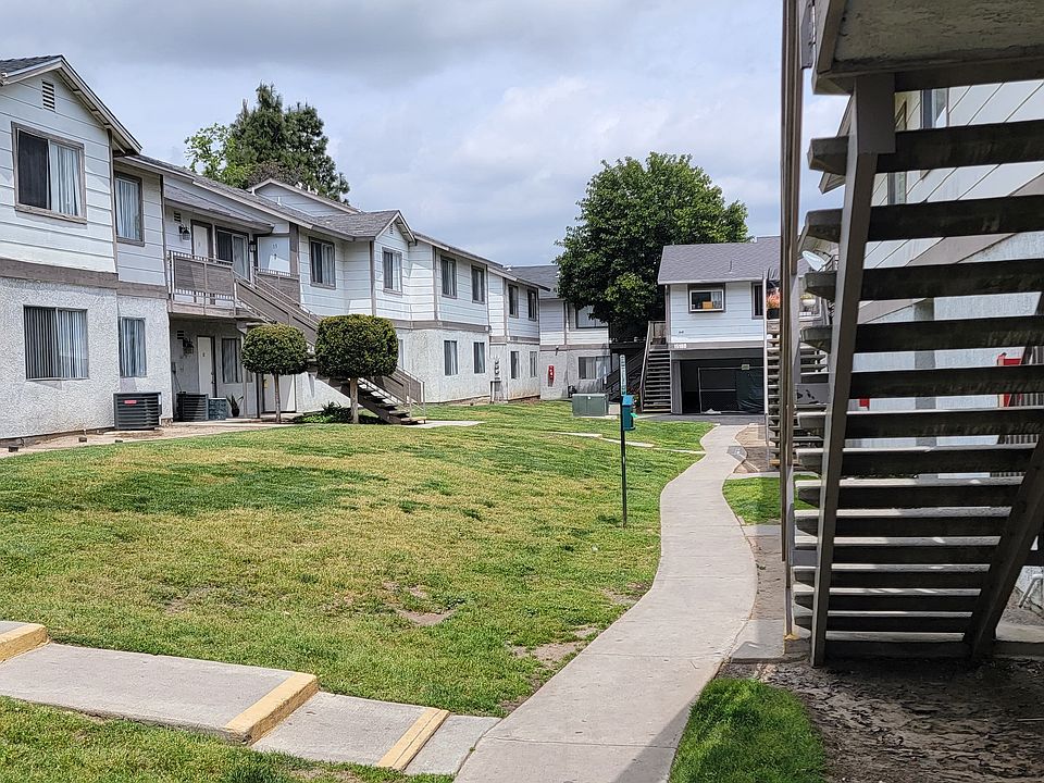 Walkways between buildings at Grand Oaks Apartments in Lake Elsinore, California.