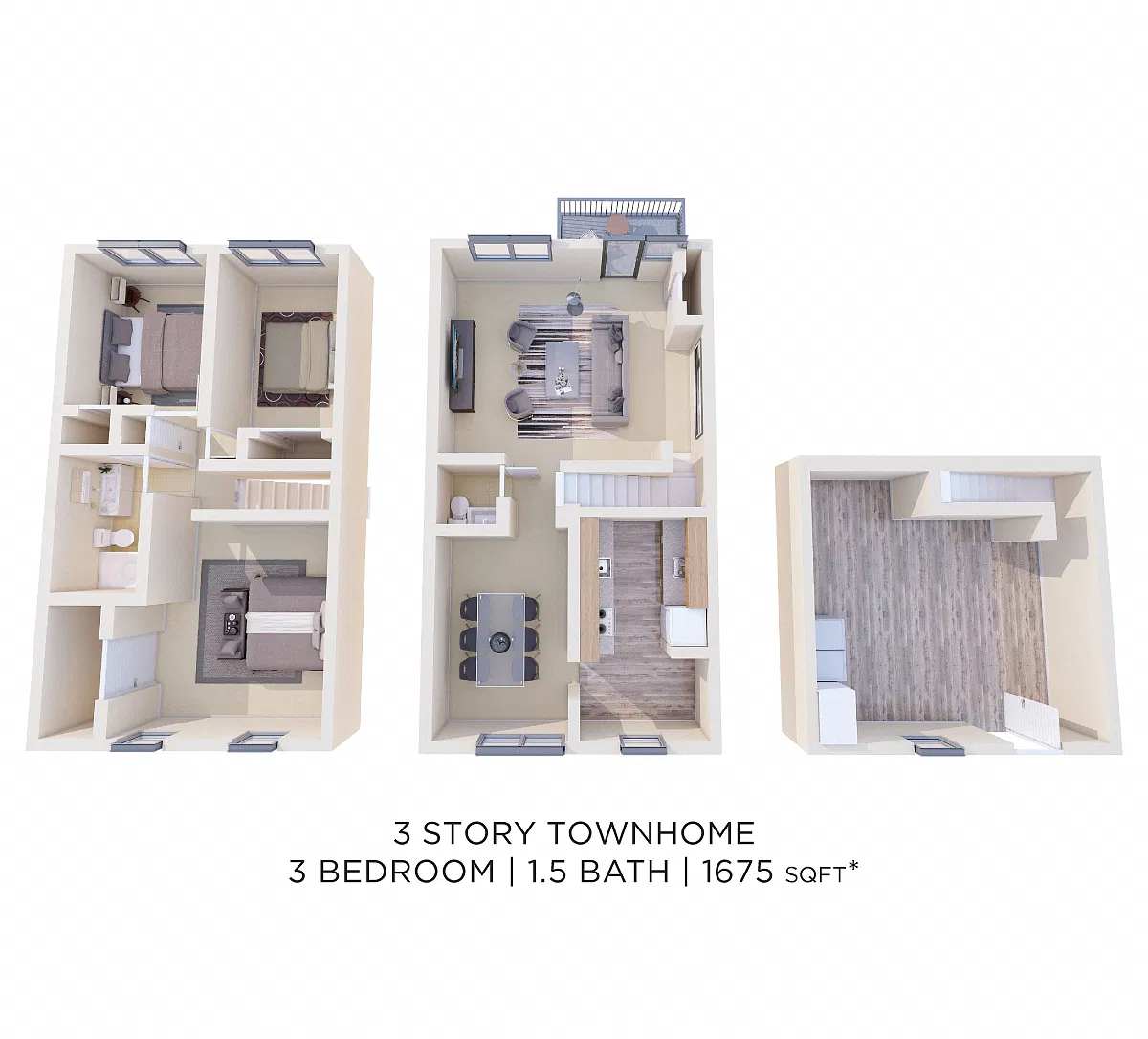 Floor plan Three Bedroom 1.5 Bath Townhouse w/ Basement - 1,6