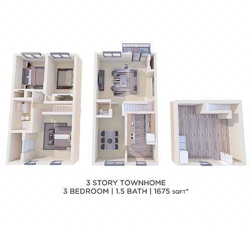 Floor plan Three Bedroom 1.5 Bath Townhouse w/ Basement - 1,6