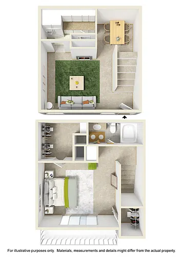 Floor plan 1 Bed Townhome w/ Fireplace